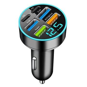 100W 6-Port Fast Car Charger PD/QC3.0 - 2x USB-C, 4x USB-A - Black