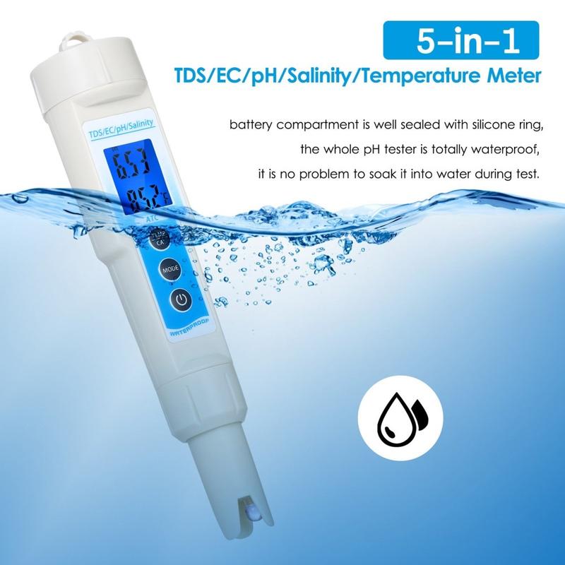 5in1 pH Meter Lightweight Durable Waterproof Multifunctional TDS