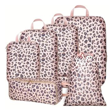6-Piece Leopard Print Travel Organizer Set - Pink