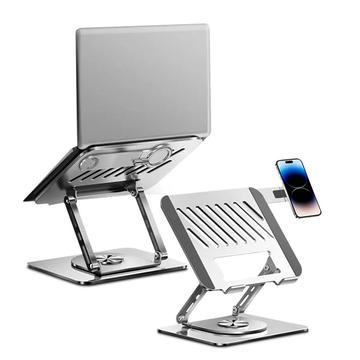 Carbon Steel Dual-Arm Rotating Laptop Stand with Magnetic Phone Holder - Silver