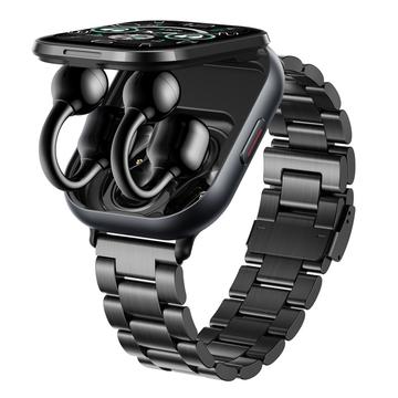 D12 2-in-1 Smartwatch with Clip-On Wireless Earphones - Stainless Steel Strap