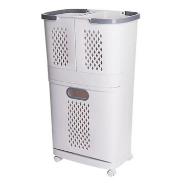 F867 Laundry Basket with 3 Baskets and Wheels - 37x31x74cm - White