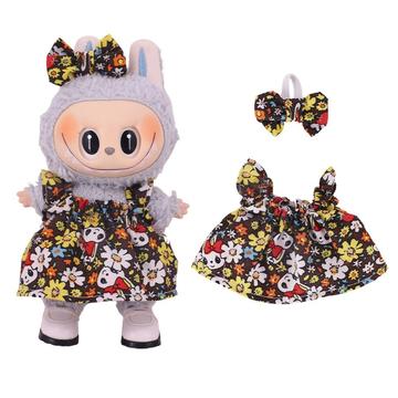 Floral Party Dress & Bowknot Headband for Labubu Mini Figure 17cm - Brown
