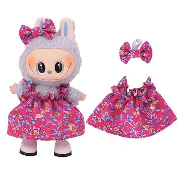 Floral Party Dress & Bowknot Headband for Labubu Mini Figure 17cm - Hot Pink