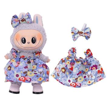 Floral Party Dress & Bowknot Headband for Labubu Mini Figure 17cm - Light Blue