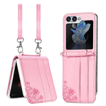 Samsung Galaxy Z Flip5 Floral Print Maska sa Remenom - Roze