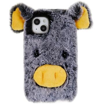 Fluffy Plush iPhone 14 Hibridna Maska - Siva Svinja
