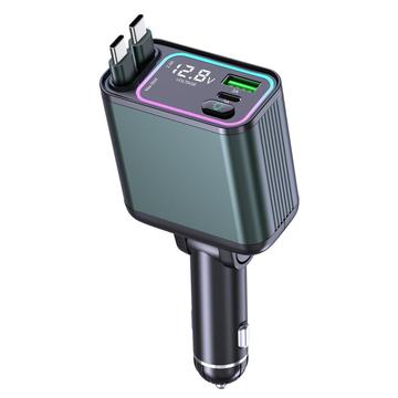 GC08A Car Charger with Ambient Lighting, Voltage Display & Dual Type-C Retractable Cables