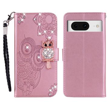Google Pixel 8 Owl Rhinestone Wallet Case - Rose Gold