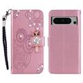 Google Pixel 8 Pro Owl Rhinestone Wallet Case - Rose Gold