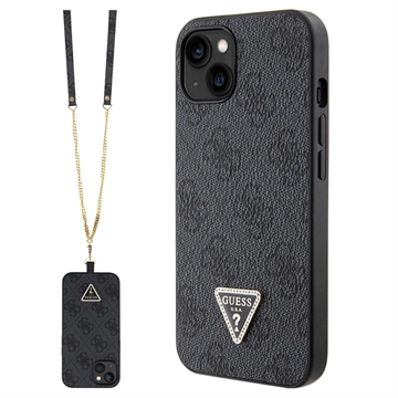iPhone 15 Guess 4G Strass Triangle Metal Logo Maska sa Crossbody Kaišem - Crna