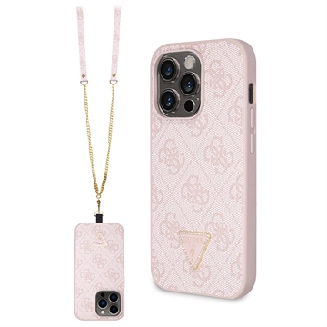 iPhone 15 Pro Max Guess 4G Strass Triangle Metal Logo Maska sa Crossbody Kaišem - Roze