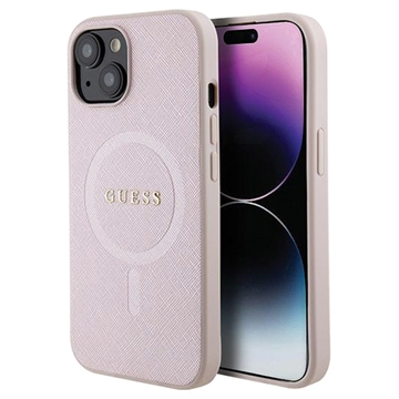 iPhone 15 Guess Saffiano Hibridna Maska - MagSafe Kompatibilnost - Roze