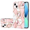 iPhone 15 Marble Pattern IMD TPU Maska sa Prstenom - Roze / Bela