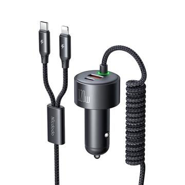 Mcdodo CC-037 120W Dual-Port Car Charger with USB-C and Lightning Cables - Black