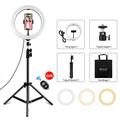 PULUZ PKT3069B 1.1m Tripod Mount + 10.2" 26cm Dimmable Dual Color Temperature USB LED Ring Lights Selfie Photography Video Fill Light with Phone Clamp & Selfie Remote Control