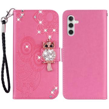 Samsung Galaxy A55 Owl Rhinestone Wallet Case - Hot Pink