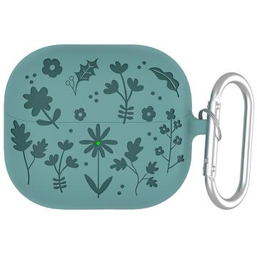 Samsung Galaxy Buds3/Buds3 Pro Flower Pattern Liquid Silicone Case w. Carabiner - Dark Green