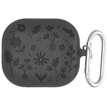 Samsung Galaxy Buds3/Buds3 Pro Flower Pattern Liquid Silicone Case w. Carabiner - Dark Grey