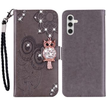 Samsung Galaxy S24 Owl Rhinestone Wallet Case - Grey