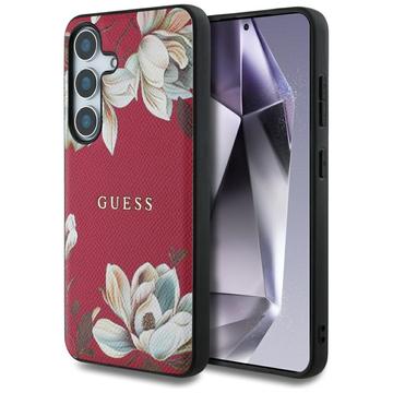 Samsung Galaxy S25 Guess Grained Printed Flower Pattern Case - MagSafe Compatible - Fuchsia