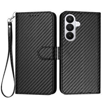 Samsung Galaxy S26 Pro Premium Wallet Case with Strap - Carbon Fiber Texture - Carbon Black