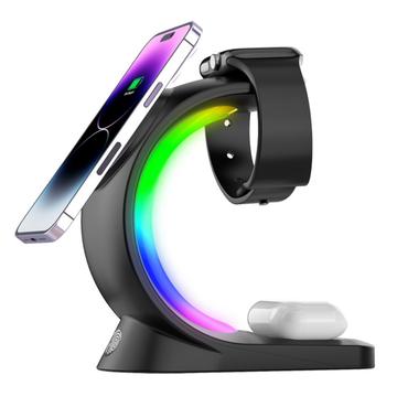 T17 3-in-1 RGB Light Magnetic Wireless Charger for iPhone 12/13/14/15/16/17/Air Series Desktop Fast Charging Stand Compatible with MagSafe - Black