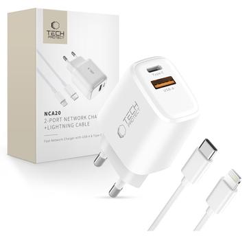 Tech-Protect NCA20 Dual-Port PD 20W/QC3.0 Charger with Lightning Cable - White