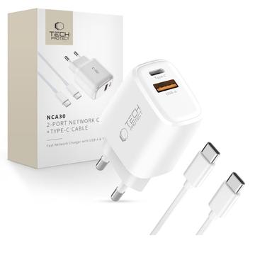 Tech-Protect NCA30 Dual-Port PD 30W/QC3.0 Charger with USB-C Cable - White