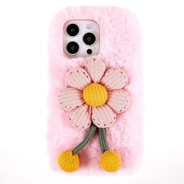 3D Plush Furry Winter iPhone 14 Pro Max TPU Maska - Roze Cvet