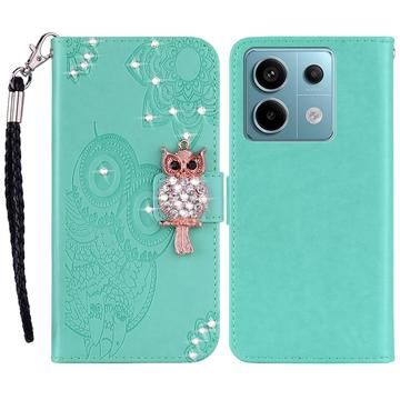 Xiaomi Redmi Note 13 Owl Rhinestone Wallet Case - Cyan