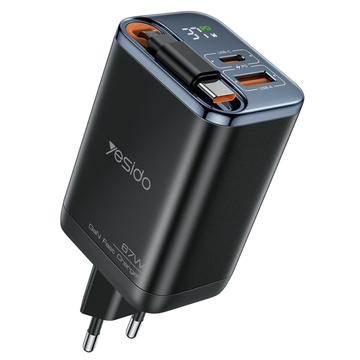 Yesido YC100 67W Fast Charger with Retractable USB-C Cable - Black