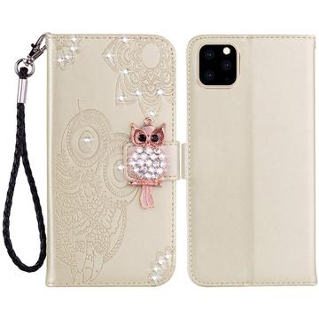 iPhone 14 Owl Rhinestone Wallet Case - Gold
