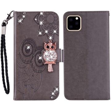 iPhone 14 Owl Rhinestone Wallet Case - Grey