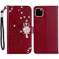 iPhone 14 Owl Rhinestone Wallet Case - Red