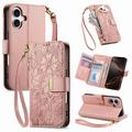 iPhone 16 Floral & Leaf Pattern Wallet Case with Zipper Pocket & Wrist Strap