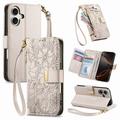 iPhone 16 Floral & Leaf Pattern Wallet Case with Zipper Pocket & Wrist Strap