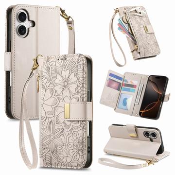 iPhone 16 Floral & Leaf Pattern Wallet Case with Zipper Pocket & Wrist Strap - White