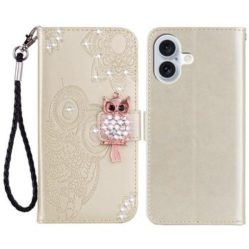 iPhone 16 Owl Rhinestone Wallet Case - Gold