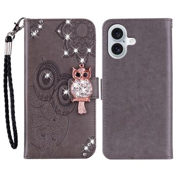 iPhone 16 Owl Rhinestone Wallet Case - Grey