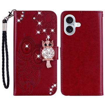iPhone 16 Owl Rhinestone Wallet Case - Red