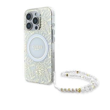 iPhone 16 Pro Guess IML Flowers Allover Electro Case with Pearl Strap - MagSafe Compatible - White