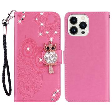 iPhone 16 Pro Max Owl Rhinestone Wallet Case - Hot Pink