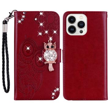 iPhone 16 Pro Max Owl Rhinestone Wallet Case - Red
