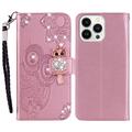 iPhone 16 Pro Max Owl Rhinestone Wallet Case - Rose Gold
