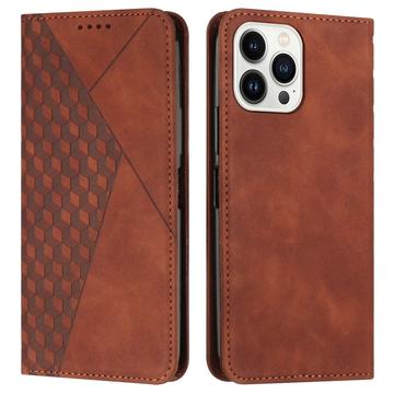 iPhone 16 Pro Max Rhombus Pattern Wallet Case with Magnetic Closure - Brown