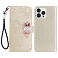 iPhone 16 Pro Owl Rhinestone Wallet Case - Gold