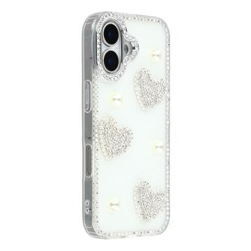 iPhone 16 Sparkling Love and Pearl Hybrid Case - White