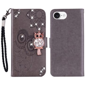 iPhone 16e Owl Rhinestone Wallet Case - Grey
