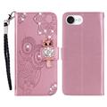 iPhone 16e Owl Rhinestone Wallet Case - Rose Gold